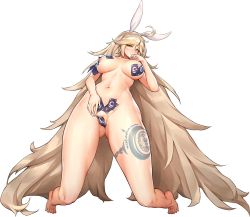 Rule 34 | 1girl, ahoge, animal ears, arched back, areola slip, bad id, barefoot, blonde hair, blush, breasts, closed mouth, fake animal ears, faucre the evil overlord, full body, game cg, gluteal fold, groin, hand on own crotch, hand to own mouth, headband, highres, inactive account, kakiman, large breasts, last origin, leg tattoo, linea alba, long hair, maebari, navel, nude, official alternate costume, official art, ofuda, ofuda on nipples, ofuda on pussy, partially visible vulva, pasties, rabbit ears, tachi-e, tattoo, thick thighs, thighs, tiptoes, transparent background, underboob, very long hair, wide hips, yellow eyes