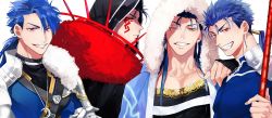 Rule 34 | 4boys, beads, blue hair, cape, choker, crescent, crescent necklace, cu chulainn (caster) (fate), cu chulainn (fate), cu chulainn (fate) (all), cu chulainn (fate/prototype), cu chulainn (fate/stay night), cu chulainn alter (fate), cu chulainn alter (fate/grand order), cu chulainn alter (third ascension) (fate), dark persona, earrings, facepaint, fate/grand order, fate/prototype, fate/stay night, fate (series), fur-trimmed cape, fur trim, gae bolg (fate), grin, hair beads, hair ornament, hand on another&#039;s shoulder, highres, holding, holding polearm, holding weapon, hood, hood up, jewelry, lancer, long hair, looking at viewer, male focus, maripaka, multiple boys, multiple persona, necklace, one eye closed, polearm, ponytail, red eyes, simple background, skin tight, smile, spiked hair, spikes, weapon, white background