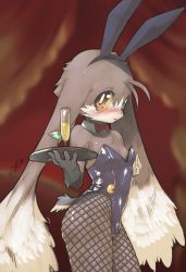 Rule 34 | 1boy, :o, absurdres, alcohol, animal ears, blush, bulge, bunny day, crossdressing, detached collar, drink, fake animal ears, fishnet pantyhose, fishnets, furry, furry male, highres, holding, holding tray, kaze no klonoa, klonoa, looking at viewer, male focus, male playboy bunny, orange eyes, pantyhose, rabbit ears, shourin bonzu, snout, solo, tail, tray, wrist cuffs