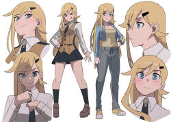 Rule 34 | 1girl, :p, black necktie, black skirt, blonde hair, blue eyes, blue jacket, blush, brown footwear, clip studio paint (medium), closed mouth, collared shirt, cropped jacket, grey pants, hair ornament, hairclip, hakami (jourd4n), hand on own hip, highres, jacket, jourd4n, loafers, long hair, long sleeves, miniskirt, multiple views, necktie, one eye closed, original, pants, shirt, shoes, simple background, single sidelock, skirt, smile, sneakers, socks, tongue, tongue out, uniform, vest, white background, white shirt, yellow vest