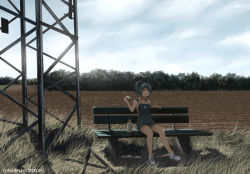 Rule 34 | 1girl, artist name, bench, black hair, bottle, cloud, dated, dead-robot, farm, food, grass, green eyes, high ponytail, holding, holding food, naked overalls, original, outdoors, overall shorts, overalls, ponytail, rural, sandwich, scenery, shadow, shoes, skull and crossbones, sky, sneakers, tree, water bottle