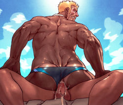 Rule 34 | 2boys, anal, ass, bara, beach, character request, copyright request, cum, cum in ass, cumdrip, erection, male focus, male penetrated, multiple boys, muscular, outdoors, penis, rokudenashi, sex, sitting, sitting on person, tan, tanline, testicles, yaoi