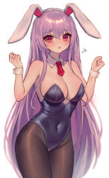 Rule 34 | 1girl, absurdres, animal ears, black leotard, black pantyhose, blush, breasts, cleavage, closed mouth, collarbone, covered navel, cowboy shot, detached collar, fishnet pantyhose, fishnets, hair between eyes, highres, large breasts, leotard, light purple hair, long hair, pantyhose, qiu ju, rabbit ears, red eyes, reisen udongein inaba, simple background, solo, strapless, strapless leotard, touhou, white background, wrist cuffs