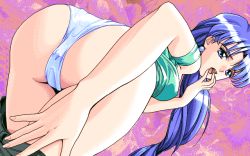 Rule 34 | 00s, 1girl, :o, artist request, blue eyes, blue hair, clothes pull, covered erect nipples, dithering, hand on own thigh, hand on thigh, hand to own mouth, long hair, looking at viewer, looking back, matching hair/eyes, open mouth, panties, pink background, ponytail, skirt, skirt pull, solo, underwear, white panties