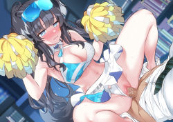 Rule 34 | 1boy, 1girl, absurdres, animal ears, bare shoulders, black hair, blue archive, blue eyes, blurry, blurry background, blush, bookshelf, breasts, censored, cheerleader, cleavage, clothed sex, clothing aside, cowgirl position, dog ears, dog girl, dog tail, dtawawa, eyewear on head, girl on top, goggles, goggles on head, hetero, hibiki (blue archive), hibiki (cheer squad) (blue archive), highres, holding, holding pom poms, indoors, large breasts, long hair, looking at viewer, millennium cheerleader outfit (blue archive), miniskirt, mosaic censoring, multicolored hair, navel, panties, panties aside, penis, pom pom (cheerleading), pom poms, pussy, sex, shirt, skirt, solo focus, spread legs, squatting, squatting cowgirl position, stadium, straddling, sunglasses, tail, thighs, underwear, vaginal, white panties, white skirt