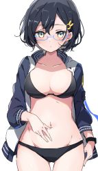 Rule 34 | 1girl, bikini, black bikini, black hair, blue archive, blush, breasts, chihiro (blue archive), cleavage, closed mouth, collarbone, cowboy shot, glasses, gluteal fold, green eyes, groin, hair ornament, hairclip, hand on own stomach, highres, jacket, long sleeves, looking at viewer, medium breasts, mochigome (ununquadium), navel, open clothes, open jacket, semi-rimless eyewear, short hair, simple background, solo, stomach, swimsuit, watch, white background, wristwatch