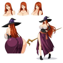 Rule 34 | 1girl, absurdres, artist name, ass, bare shoulders, black corset, black footwear, black sleeves, breasts, brown eyes, character sheet, cleavage, collarbone, corset, curvy, detached sleeves, devil-v, dragon&#039;s crown, dress, fantasy, frilled sleeves, frills, from behind, hand on own hip, hat, highres, huge ass, huge breasts, long hair, looking at viewer, looking back, mage, mature female, open mouth, orange sash, purple skirt, red hair, shiny skin, shoes, sideboob, simple background, skirt, smile, solo, sorceress (dragon&#039;s crown), staff, strapless, strapless dress, white background, wide hips, witch hat