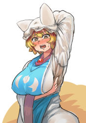 Rule 34 | 1girl, blonde hair, breasts, brown eyes, chanta (ayatakaoisii), fox tail, hat, huge breasts, multiple tails, short hair, simple background, solo, sweat, tail, thighs, touhou, white background, yakumo ran