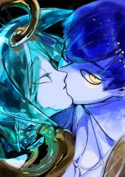 Rule 34 | 2others, androgynous, bad id, bad twitter id, blue eyes, blue hair, blunt bangs, colored eyelashes, crystal hair, dual persona, face-to-face, glowing, glowing eye, gold, green eyes, green hair, heterochromia, highres, houseki no kuni, looking at viewer, marino (oyasumi), multiple others, phosphophyllite, phosphophyllite (ll), short hair, spoilers, tears, yellow eyes