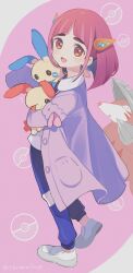 Rule 34 | 1girl, amezawa koma, arched bangs, blue pants, brown eyes, cardigan, coat, creatures (company), excadrill, full body, game freak, gen 3 pokemon, gen 5 pokemon, hair ornament, hairclip, highres, lacey (pokemon), looking at viewer, minun, nintendo, pants, pink background, pink coat, pink hair, plusle, pokemon, pokemon sv, shirt, sleepy, sleeves past fingers, sleeves past wrists, squeans, thick eyebrows, white background, white footwear, white shirt