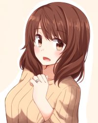 Rule 34 | 1girl, :d, bad id, bad pixiv id, blush, breasts, brown eyes, brown hair, commentary request, eyelashes, highres, jewelry, kapatarou, long sleeves, medium breasts, open mouth, original, ring, short hair, smile, solo, sweater, two-tone background, upper body, wedding band, yellow sweater