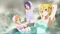 Rule 34 | 3girls, :d, ahoge, armpits, arms behind back, asuna (sao), blonde hair, blue towel, blush, braid, breasts, brown hair, cleavage, collarbone, game cg, green eyes, green towel, hair between eyes, high ponytail, highres, large breasts, leafa, long hair, medium breasts, multiple girls, naked towel, official art, official wallpaper, onsen, open mouth, outdoors, outstretched arm, partially submerged, pink towel, purple hair, red eyes, short hair with long locks, side braids, sidelocks, sitting, small breasts, smile, soaking feet, sword art online, sword art online: fatal bullet, towel, towel on head, very long hair, wallpaper, water, yuuki (sao)