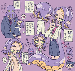 Rule 34 | 1girl, 2boys, character sheet, expressionless, flat chest, formal, half-closed eyes, highres, kanekoshake, monster girl, multiple boys, necktie, octopus, open clothes, original, purple background, simple background, suction cups, suit, tentacle hair, tentacles, translation request