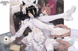 Rule 34 | 1boy, 1girl, absurdres, agnes tachyon (umamusume), ahoge, alternate costume, animal ears, black hair, blush, character doll, closed mouth, coffee mug, couch, cup, disembodied limb, dress, feet, hair between eyes, high heels, highres, holding, holding another&#039;s foot, holding cup, holding shoes, horse ears, horse girl, legs up, long hair, long sleeves, looking at viewer, manhattan cafe (umamusume), mug, multicolored hair, on couch, pantyhose, red eyes, sarcophage, shoes, single shoe, streaked hair, toes, umamusume, very long hair, white dress, white footwear, white hair, white pantyhose, yellow eyes