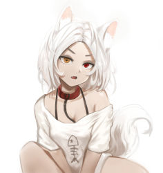 Rule 34 | 1girl, animal ears, bad id, bad pixiv id, breasts, cat ears, cleavage, collar, collarbone, commentary, fang, fish, heart, heart-shaped pupils, heterochromia, highres, looking at viewer, medium breasts, medium hair, open mouth, original, raeran, red eyes, shirt, short sleeves, simple background, single bare shoulder, sitting, solo, symbol-shaped pupils, t-shirt, tail, white background, white hair, white shirt, yellow eyes
