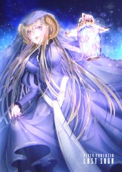 Rule 34 | 1girl, aurora (skrbaby), bad id, bad pixiv id, blonde hair, blue sky, breasts, copyright name, dress, hair between eyes, highres, holding, holding lantern, horns, lantern, large breasts, long hair, long sleeves, looking at viewer, night, night sky, parted lips, pixiv fantasia, pixiv fantasia last saga, puffy long sleeves, puffy sleeves, purple dress, purple eyes, skirt hold, skrbaby, sky, solo, standing, star (sky), starry sky, very long hair