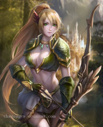 Rule 34 | 1girl, armor, arrow (projectile), bikini armor, blonde hair, bow (weapon), breasts, chaosringen, cleavage, cowboy shot, fantasy, female focus, fingerless gloves, forest, gauntlets, gloves, green eyes, holding, jewelry, large breasts, lips, long hair, looking at viewer, microskirt, midriff, nature, navel, necklace, nose, original, outdoors, pauldrons, ponytail, pov, realistic, shoulder armor, skirt, smile, solo, very long hair, water, watermark, weapon, web address