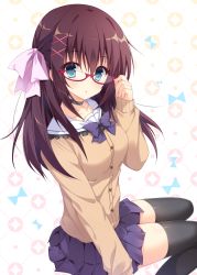 Rule 34 | 1girl, adjusting eyewear, artist request, black choker, black thighhighs, blue eyes, blue skirt, blush, bow, bowtie, breasts, brown cardigan, brown hair, buttons, cardigan, choker, closed mouth, collarbone, commentary request, frills, glasses, hair between eyes, hair ornament, hair ribbon, hand on eyewear, hand up, holding, long hair, long sleeves, looking at viewer, medium breasts, miniskirt, original, parted lips, pimopi, pleated skirt, purple bow, purple bowtie, red-framed eyewear, ribbon, sailor collar, school uniform, semi-rimless eyewear, shirt, sidelocks, simple background, sitting, skirt, solo, thighhighs, under-rim eyewear, white ribbon, white sailor collar, x hair ornament, zettai ryouiki