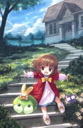 Rule 34 | 1girl, :d, arle nadja, brown eyes, brown hair, building, carbuncle (puyopuyo), child, cloud, day, flower, grass, happy, house, madou monogatari, nasu grave, open mouth, outstretched arms, puyo (puyopuyo), puyopuyo, short hair, sky, smile, solo, spread arms, stairs, tree, yakka