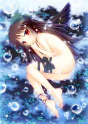 Rule 34 | 1girl, aged down, anklet, barefoot, black wings, blush, bow, brown hair, bubble, child, feet, female focus, fetal position, finger in own mouth, full body, hair bow, jewelry, leaf, leg ribbon, legband, long hair, nude, plantar flexion, red eyes, reiuji utsuho, ribbon, saki chisuzu, solo, thigh ribbon, thumb sucking, toes, touhou, wings