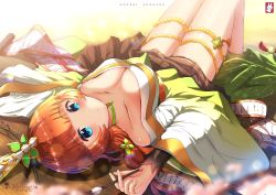 Rule 34 | 1girl, bad id, bad pixiv id, black skirt, blue eyes, blunt bangs, blurry, blurry foreground, braid, breasts, brown hair, chinchongcha, cleavage, collarbone, floral print, from behind, go-toubun no hanayome, gradient kimono, green kimono, hair ornament, highres, holding, holding brush, japanese clothes, kimono, long hair, long sleeves, looking at viewer, lying, medium breasts, miniskirt, multicolored clothes, multicolored kimono, nakano yotsuba, on back, parted lips, pleated skirt, skirt, solo, thighlet, white kimono