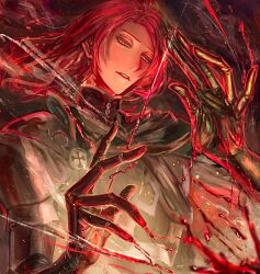 Rule 34 | 1boy, ao (en6gtl), bishounen, black gloves, blood, blood on hands, blood splatter, fate/grand order, fate (series), fighting stance, gloves, harp, instrument, large hands, long hair, male focus, music, parted lips, playing instrument, red hair, serious, solo, tristan (fate), unusually open eyes, upper body, yellow eyes