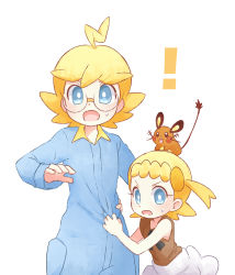 Rule 34 | !, 1boy, 1girl, akasaka (qv92612), bare arms, blonde hair, blue eyes, bonnie (pokemon), brother and sister, clemont (pokemon), commentary request, creatures (company), dedenne, game freak, gen 6 pokemon, glasses, height difference, highres, jumpsuit tug, nintendo, on head, open mouth, pokemon, pokemon (creature), pokemon on head, pokemon xy, siblings, surprised, sweatdrop, tongue