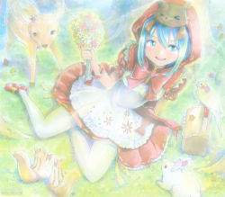 Rule 34 | 1girl, bad id, bad pixiv id, bird, blue eyes, blue hair, bouquet, rabbit, deer, flower, grimm&#039;s fairy tales, hatsune miku, hood, little red riding hood, little red riding hood (grimm), matching hair/eyes, mayo riyo, pantyhose, project diva (series), project diva 2nd, sitting, solo, squirrel, vocaloid