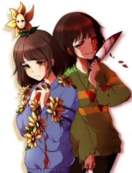 Rule 34 | androgynous, blood, blood on clothes, blood on face, bloody knife, brown eyes, brown hair, chara (undertale), citadeloli, cowboy shot, crying, crying with eyes open, flower, flower on head, flowey (undertale), frisk (undertale), gender request, heart, heart necklace, jewelry, jitome, knife, necklace, own hands clasped, own hands together, red eyes, simple background, spoilers, striped clothes, striped sweater, sweater, tears, undertale, white background