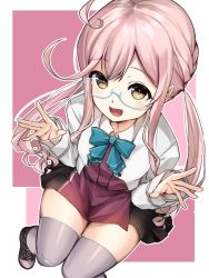 Rule 34 | 1girl, ahoge, aqua-framed eyewear, boots, bow, bowtie, braid, cross-laced footwear, double bun, french braid, from above, full body, glasses, grey blazer, grey thighhighs, hair bun, halterneck, kantai collection, lace-up boots, long sleeves, makigumo (kancolle), open mouth, pink hair, round eyewear, sitting, skindentation, sleeves past wrists, smile, solo, thighhighs, twintails, yellow eyes, youmou usagi