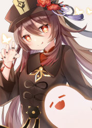 Rule 34 | 1girl, black nails, brown hair, chinese clothes, collared coat, collared shirt, colored tips, commentary request, flower, flower-shaped pupils, genshin impact, ghost, hat, hat flower, highres, hu tao (genshin impact), jewelry, multicolored hair, multiple rings, nail polish, plum blossoms, ponytail, porkpie hat, red eyes, red shirt, ring, ringouulu, shirt, smile, solo, symbol-shaped pupils, tailcoat, thumb ring, twintails