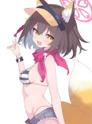 Rule 34 | 1girl, absurdres, animal ears, bare arms, bare shoulders, bikini, blue archive, blush, brown hair, cowboy shot, denim, denim shorts, fang, fox ears, fox shadow puppet, fox tail, from side, grey shorts, hair between eyes, halo, highres, izuna (blue archive), izuna (swimsuit) (blue archive), official alternate costume, open mouth, pink halo, rokukarashi, short hair, short shorts, shorts, simple background, skin fang, smile, solo, striped bikini, striped clothes, swimsuit, tail, white background, yellow eyes