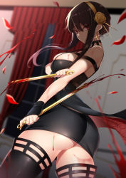 Rule 34 | 1girl, ass, black dress, black hair, black thighhighs, blood, blood on breasts, bloody weapon, blurry, blurry background, breasts, closed mouth, commentary request, cowboy shot, dagger, dress, dual wielding, earrings, falling petals, flower, from behind, glint, gold earrings, gold hairband, hair flower, hair ornament, hairband, highres, holding, holding dagger, holding knife, holding weapon, jewelry, kippuru, knife, large breasts, looking at viewer, looking back, petals, red eyes, rose, skindentation, solo, spikes, spy x family, thighhighs, thighs, twisted torso, two-sided dress, two-sided fabric, weapon, window, yor briar