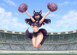 Rule 34 | 1girl, animal ears, armpits, arms up, black footwear, black mask, blue sky, boots, borrowed character, breasts, cloud, cloudy sky, commission, crop top, dismaiden, closed eyes, glasses, highres, jumping, mask, mitsuki (hanns33694210), mouth mask, navel, original, outdoors, pom pom (cheerleading), print mask, round eyewear, shadow, signature, sky, solo, stadium, tail, underboob, wolf ears, wolf girl, wolf tail