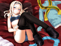 Rule 34 | 10s, 1girl, aleksandra i. pokryshkin, bad id, bad pixiv id, bed, blonde hair, blue eyes, blush, brave witches, goji (five clock), hairband, loafers, looking at viewer, lying, panties, pantyhose, shoes, solo, strike witches, underwear, undressing, world witches series