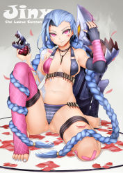Rule 34 | 1girl, ammunition, ammunition belt, bad id, bad pixiv id, blue hair, blush, braid, breasts, cameltoe, elbow gloves, explosive, feet, fingerless gloves, full body, gloves, grenade, hairline, highres, jewelry, jinx (league of legends), league of legends, long hair, looking at viewer, nail polish, naughty face, no shoes, oni-noboru, panties, petals, pink eyes, silver nails, single thighhigh, sitting, solo, striped clothes, striped panties, thigh strap, thighhighs, toeless legwear, toenail polish, toenails, toes, twin braids, underwear, very long hair, weapon
