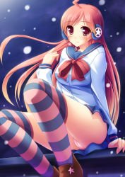 Rule 34 | 1girl, ahoge, bow, cameltoe, earmuffs, female focus, headset, highres, legs, long hair, massan, multicolored clothes, multicolored legwear, outdoors, panties, pink panties, school uniform, sf-a2 miki, skirt, sky, solo, star (symbol), striped clothes, striped thighhighs, thighhighs, underwear, upskirt, vocaloid