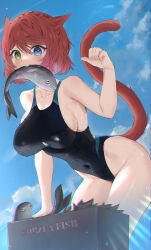 Rule 34 | 1girl, animal ears, blue eyes, breasts, cat ears, commentary, competition swimsuit, covered navel, day, facial mark, final fantasy, final fantasy xiv, fish, green eyes, hair between eyes, heterochromia, highleg, highleg swimsuit, highres, large breasts, lost-phews, miqo&#039;te, mouth hold, one-piece swimsuit, outdoors, paw pose, red hair, short hair, solo, swimsuit, symbol-only commentary, two-tone swimsuit, warrior of light (ff14), wet, whisker markings