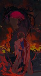 Rule 34 | 1boy, :d, ^ ^, black hair, blood, blood from mouth, blood on clothes, blood on face, blue shirt, closed eyes, dragon, eastern dragon, facing viewer, fate/grand order, fate (series), fire, full body, hair over one eye, hand up, highres, jacket, katana, kneeling, long hair, low ponytail, male focus, open clothes, open jacket, open mouth, oryou (fate), pants, planted, planted sword, planted weapon, ruins, sakamoto ryouma (fate), shirt, smile, sword, teeth, weapon, white jacket, white pants, ziege113