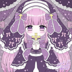 Rule 34 | + +, 1girl, blunt bangs, blush, bow, capelet, commentary request, commission, cross, dress, frilled capelet, frills, gothic lolita, grey background, highres, himetsuki luna, holding, holding cross, latin cross, lolita fashion, long hair, looking at viewer, nun, original, own hands clasped, own hands together, pink bow, pink hair, polka dot, polka dot background, purple bow, purple capelet, purple dress, purple eyes, sidelocks, signature, solo, tears, upper body, veil, very long hair