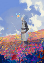 1boy arms_behind_back blue_hair blue_sky creatures_(company) cyrus_(pokemon) field flower flower_field game_freak gen_4_pokemon highres male_focus nintendo outdoors petals pingupong0 pokemon pokemon_(creature) pokemon_dppt rotom rotom_(normal) sky spiked_hair standing team_galactic