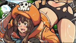 Rule 34 | 1boy, 1girl, ass, bike shorts, blush, brown eyes, brown hair, distressed, doggystyle, fingerless gloves, gloves, grabbing, guilty gear, guilty gear strive, hat, hetero, long hair, mark gavatino, may (guilty gear), open mouth, orange headwear, pirate hat, rape, sex, sex from behind, shorts, skull and crossbones, sol badguy, solo focus, sweat, textless version, third-party edit, torn clothes, torn shorts, trembling, vaginal