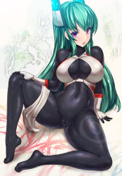 Rule 34 | 1girl, bad id, bad pixiv id, bare shoulders, black thighhighs, blush, bodysuit, borrowed character, breasts, cameltoe, cleavage, commentary request, covered navel, female focus, fingerless gloves, gloves, green hair, headgear, highres, large breasts, long hair, looking at viewer, menou kaname (taishi), midriff, navel, original, purple eyes, sitting, skin tight, skindentation, solo, spread legs, thighhighs, tongue, tongue out, totoya, totoya (paxa 600)