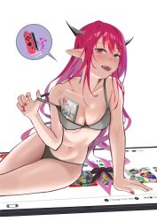 Rule 34 | 1girl, absurdres, blue eyes, bra, bra pull, bra strap, breasts, cleavage, clothes pull, fangs, handheld game console, heterochromia, highres, hololive, hololive english, horns, irys (hololive), long hair, looking at viewer, medium breasts, multicolored hair, multiple horns, navel, nintendo switch, panties, pink eyes, pointy ears, red hair, shift (shiftillust), two-tone hair, underwear, underwear only, very long hair, virtual youtuber