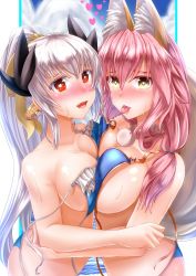 Rule 34 | 2girls, animal ears, bikini, blush, bow, breast press, breasts, cleavage, collarbone, day, dragon horns, fate/grand order, fate (series), fox ears, fox tail, hair bow, heart, heart-shaped pupils, horns, kiyohime (fate), kiyohime (fate/grand order), kiyohime (swimsuit lancer) (fate), kiyohime (swimsuit lancer) (third ascension) (fate), large breasts, long hair, looking at viewer, medium breasts, multiple girls, ocean, outdoors, pink hair, ponytail, saliva, side-tie bikini bottom, silver hair, sweat, swimsuit, symbol-shaped pupils, symmetrical docking, tail, tamamo (fate), tamamo no mae (swimsuit lancer) (fate), tongue, tongue out, totororo, yellow bikini, yellow eyes