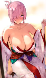 Rule 34 | 1girl, alternate costume, backlighting, bare shoulders, blush, breasts, cleavage, closed mouth, collarbone, cosplay, detached sleeves, eyes visible through hair, fate/grand order, fate/requiem, fate (series), hair over one eye, hair ribbon, highres, japanese clothes, kijo kouyou (fate), kijo kouyou (fate) (cosplay), kijo kouyou (third ascension) (fate), kimono, kurowa, large breasts, light purple hair, long sleeves, looking at viewer, mash kyrielight, purple eyes, ribbon, short hair, short ponytail, sleeveless, sleeveless kimono, smile, white kimono, white ribbon, wide sleeves