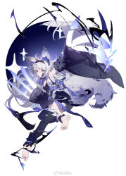Rule 34 | 1girl, ahoge, animal ear fluff, animal ears, arm up, armpits, barefoot, black dress, black hairband, black sleeves, black thighhighs, blue theme, breasts, cleavage, closed mouth, detached sleeves, dress, floating, fox ears, fox tail, full body, grey hair, hairband, heterochromia, highres, long hair, looking at viewer, original, polka dot, ribbon-trimmed sleeves, ribbon trim, small breasts, soles, solo, sparkle, tail, thighhighs, toeless legwear, toes, weibo logo, weibo watermark, white background, wide sleeves, wusu (owusuo)