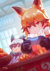 Rule 34 | 2girls, animal ears, black hair, black neckwear, blue jacket, bow, bowtie, brown fur, brown gloves, brown hair, commentary request, controller, eating, extra ears, ezo red fox (kemono friends), food, fox ears, fox girl, fruit, fur trim, game controller, gloves, highres, jacket, kemono friends, long hair, long sleeves, multicolored hair, multiple girls, necktie, orange (fruit), orange eyes, orange hair, orange jacket, orange neckwear, orange slice, otsuzaka, silver fox (kemono friends), silver hair, white neckwear