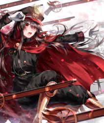 Rule 34 | &gt;:o, 1girl, :o, adjusting clothes, adjusting headwear, arm up, armor, armored boots, belt, black hair, blush, boots, buckle, cape, crest, family crest, fate/grand order, fate (series), floating hair, glint, gloves, gun, hair between eyes, hat, japanese clothes, koha-ace, kuga huna, long hair, long sleeves, looking away, military, military hat, military uniform, oda nobunaga (fate), oda nobunaga (koha-ace), open mouth, outstretched arm, outstretched hand, peaked cap, red eyes, rifle, sidelocks, solo, sparks, uniform, v-shaped eyebrows, very long hair, weapon, white gloves