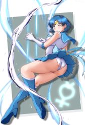 Rule 34 | 1girl, ass, bare shoulders, bishoujo senshi sailor moon, blue eyes, blue hair, blush, boots, breasts, circlet, from behind, gloves, harp, high heel boots, high heels, highres, instrument, leotard, looking at viewer, m.i.y, mizuno ami, open mouth, sailor mercury, shiny clothes, shiny skin, short hair, sideboob, skirt, solo, thick thighs, thighs, torn clothes, water, wince